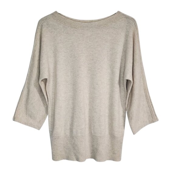 Talbots 100% Cashmere Tan 3/4 Sleeve Neutral Basic Wide Neck Sweater - Small - Picture 1 of 7